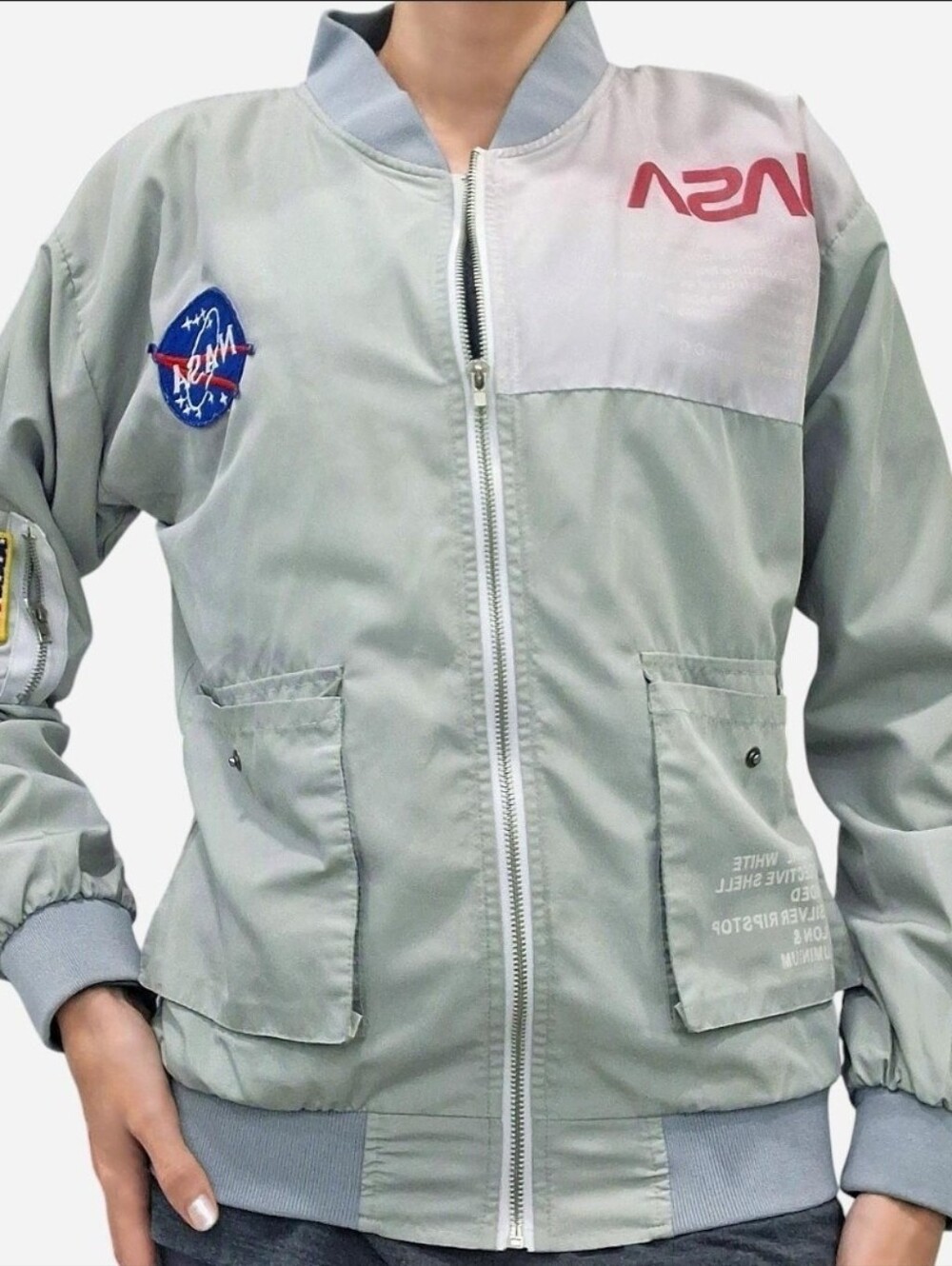 NASA Bomber Jacket Gray White Flag Patch Astronaut Small Medium unisex